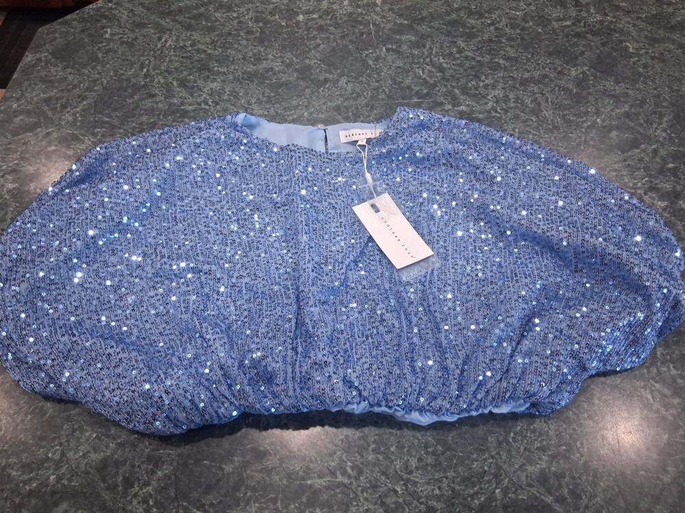 ANTHROPOLOGIE ENDLESS ROSE SEQUIN BUBBLE CROP PUFF TOP BLOUSE BLUE Sz S NWT